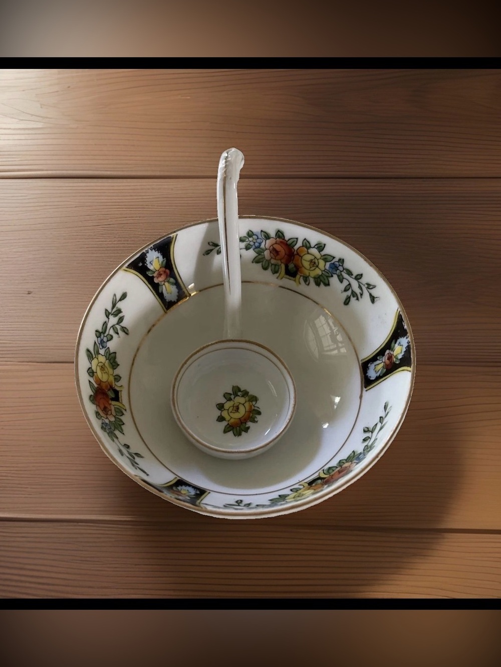 Noritake White Porcelain Serving Bowl and Ladle with Floral Trim